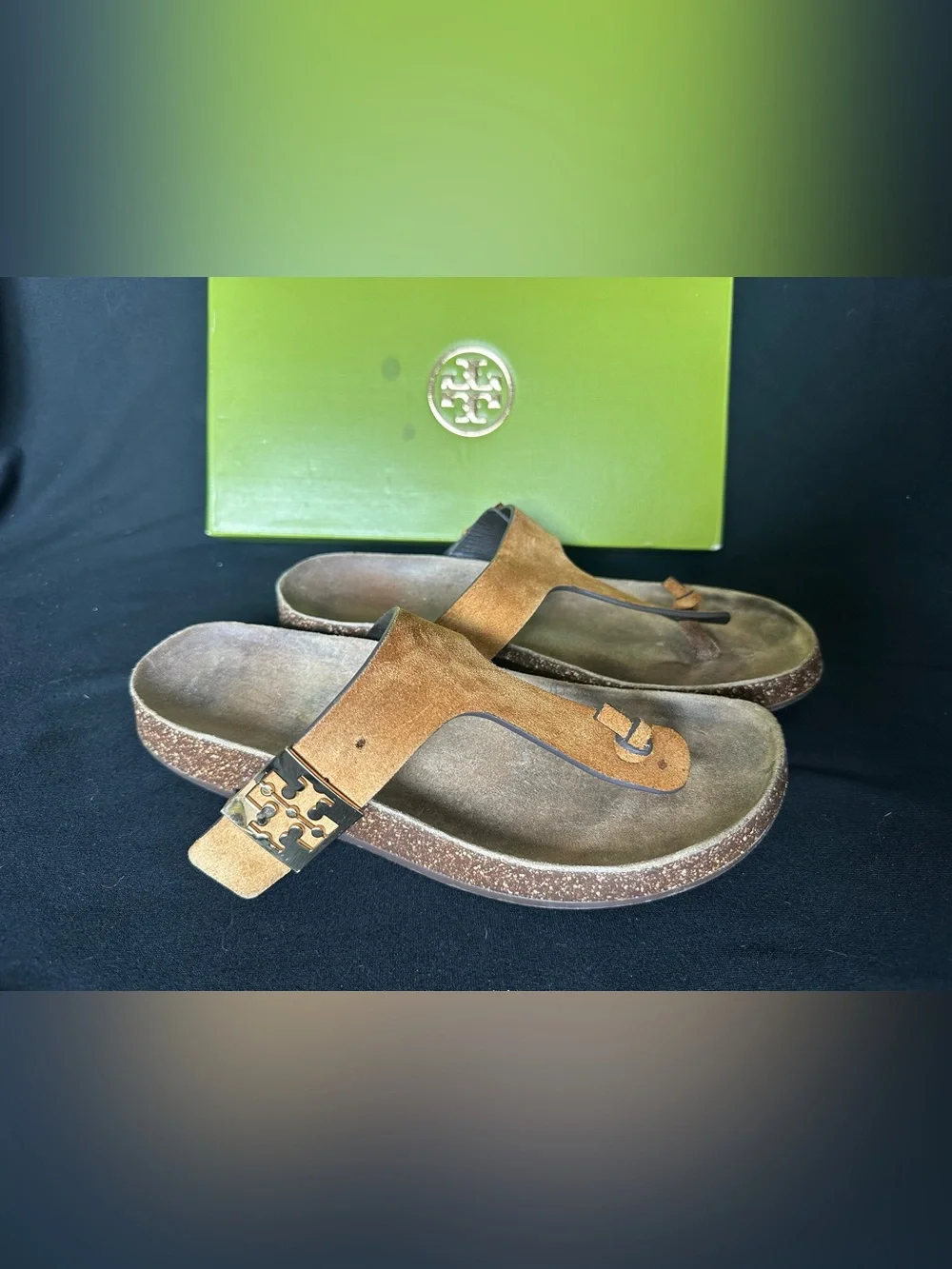 Tory Burch Mellow Thing Suede Cork Toe-Post Sandals Logo Plaque Cognac Tan 8.5